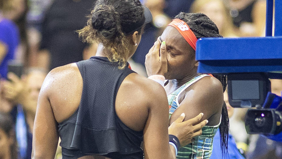 Naomi Osaka, pictured here embracing Cori Gauff.