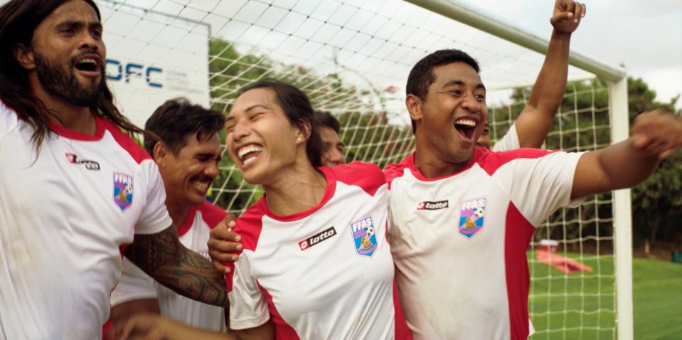 (From L-R): Hilo Pelesasa, Ioane Goodhue, Kaimana and Beulah Koale in NEXT GOAL WINS. Photo Courtesy of Searchlight Pictures.© 2023 20th Century Studios All Rights Reserved.