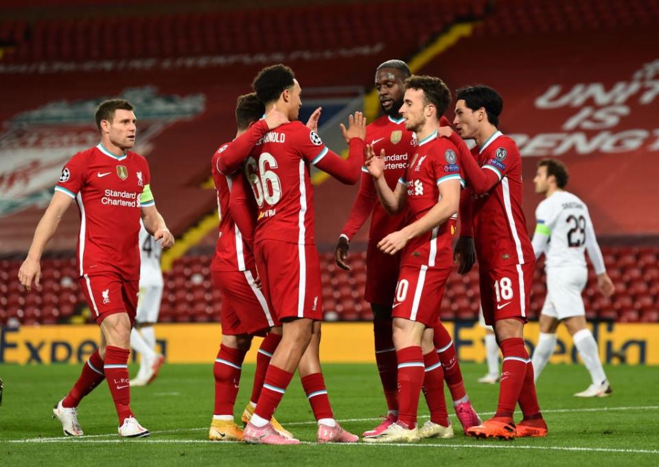 Liverpool celebrate scoring (Liverpool FC via Getty Images)