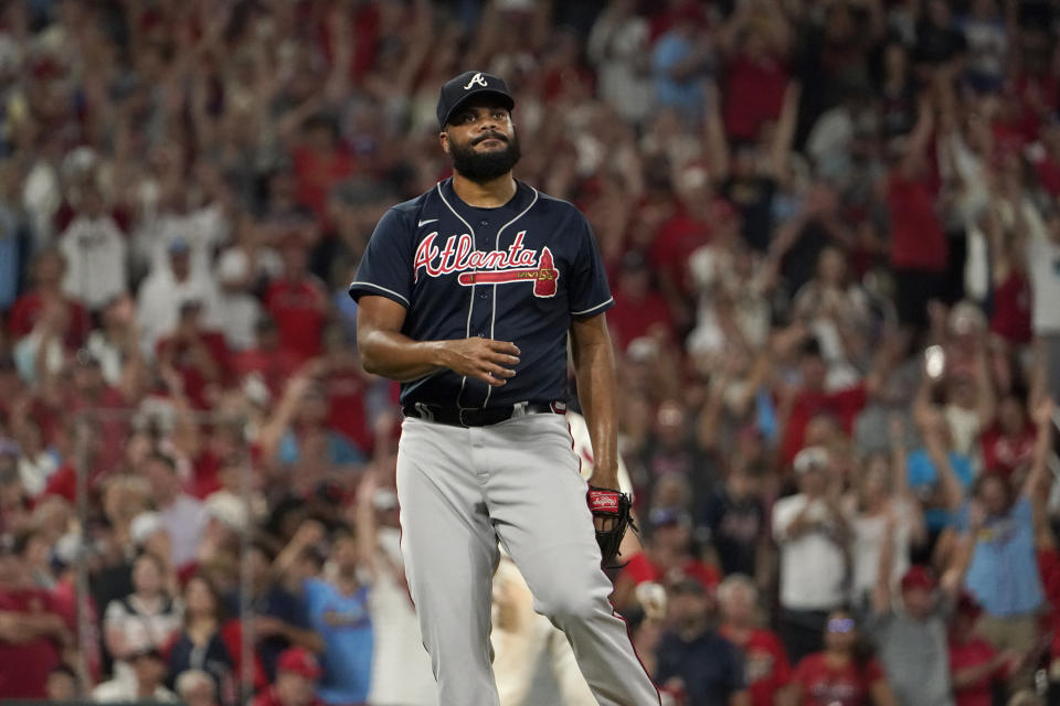 Atlanta Braves relief pitcher Kenley Jansen reacts after giving up a bases-loading walk to St. Louis Cardinals' Tyler O'Neill, scoring Paul Goldschmidt to give the Cardinals a 6-5 victory in a baseball game Saturday, Aug. 27, 2022, in St. Louis. (AP Photo/Jeff Roberson)