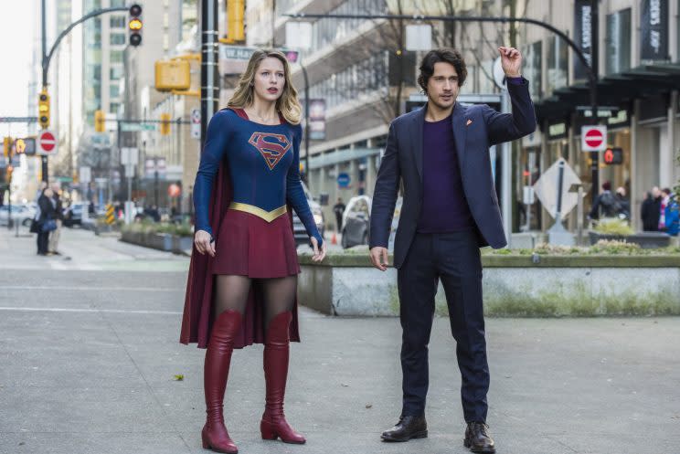 Melissa Benoist as Kara/Supergirl and Peter Gadiot as Mr. Mxyzptlk. (Photo: Jack Rowand/The CW)