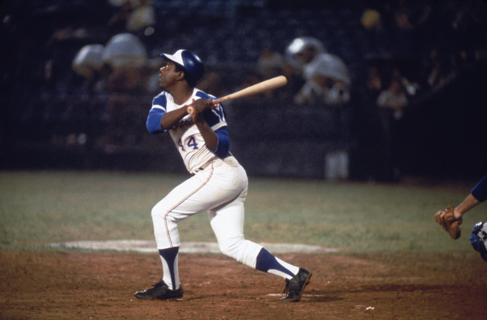 Hall of Famer Hank Aaron of the Atlanta Braves swings at the ball. (Photo by Focus On Sport/Getty Images) (Photo: Focus On Sport via Getty Images)