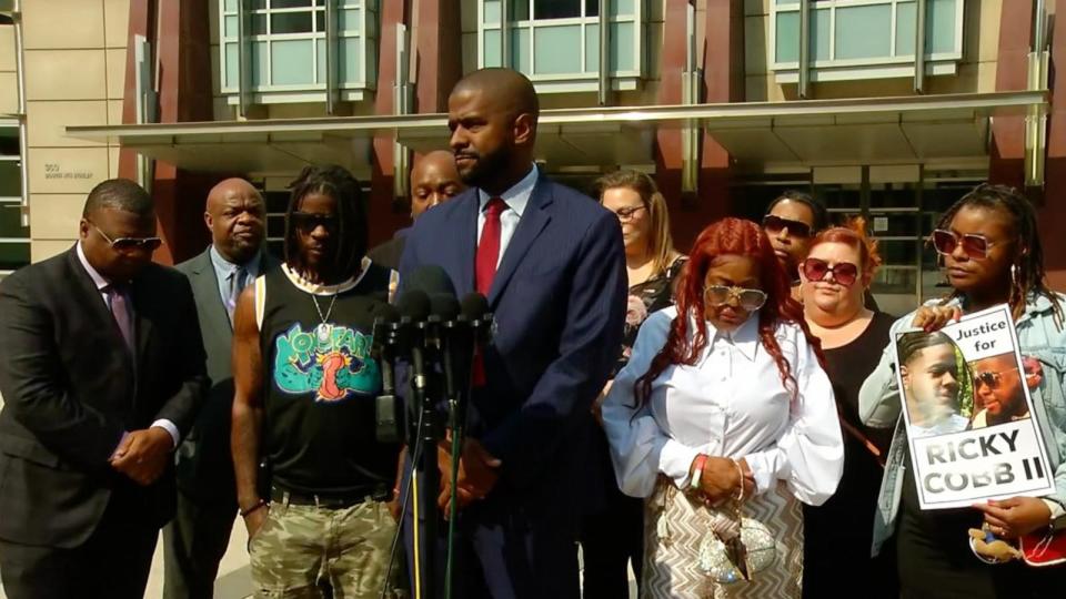 PHOTO: The family of Ricky Cobb II, who was killed during a fatal traffic stop on July 31, 2023, speak out with their attorneys during a press conference in Minneapolis, Minnesota on Aug. 18, 2023. (KSTP)