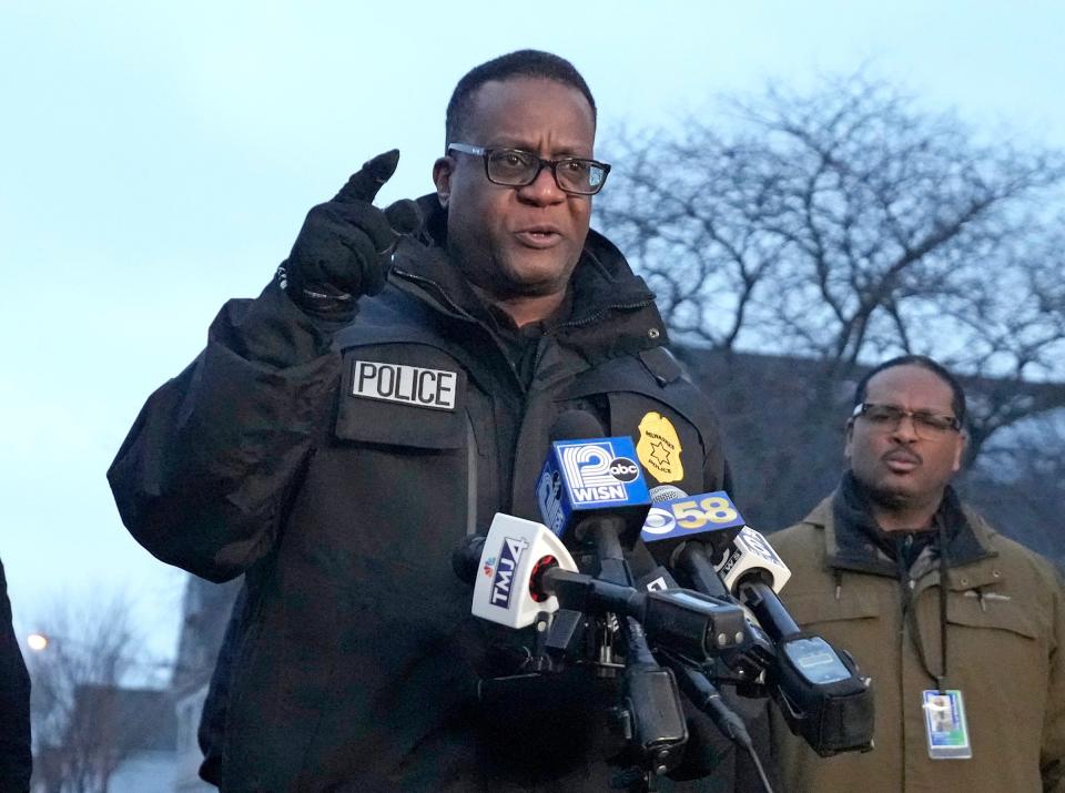 Milwaukee Police Chief Jeffrey Norman speaks during a news conference to discuss an officer on duty being killed at the intersection of South 13th Street and West Cleveland Avenue.