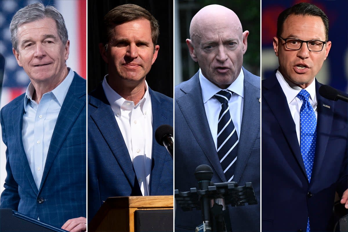 From Left to Right: North Carolina Governor Roy Cooper, Kentucky Governor Andy Beshear, Arizona Senator Mark Kelly and Pennsylvania Governor Josh Shapiro of Pennsylvania are all potential picks for Vice President Kamala Harris’s running mate.  (Getty)