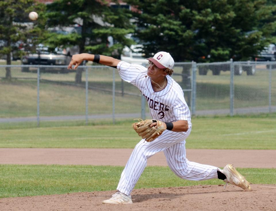 Charlevoix junior Bryce Johnson delivers a pitch in the opening district matchup Saturday on the Rayders' home field.