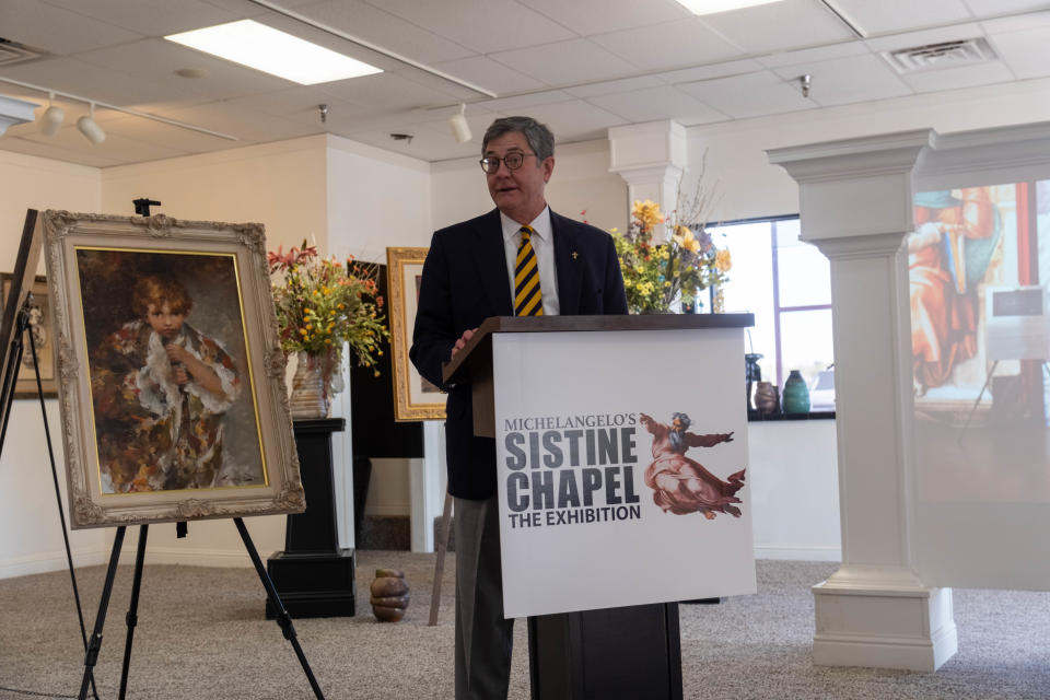 Mark White, the executive vice president at Amarillo College, speaks Tuesday morning about the upcoming "Michelangelo's Sistine Chapel: The Exhibition" coming to the Arts in the Sunset Center in Amarillo in June.