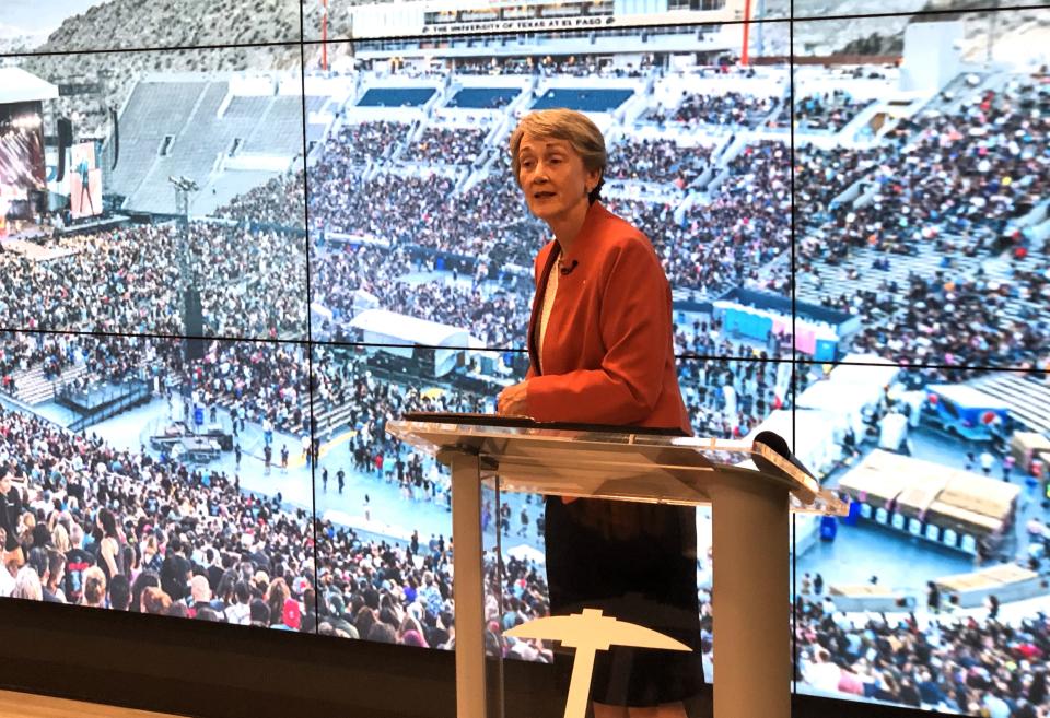 UTEP President Heather Wilson, in front of an image of a Sun Bowl concert, Friday urges El Paso County taxpayers and County Commissioners to support $99 million in proposed Sun Bowl upgrades to lure big concerts.