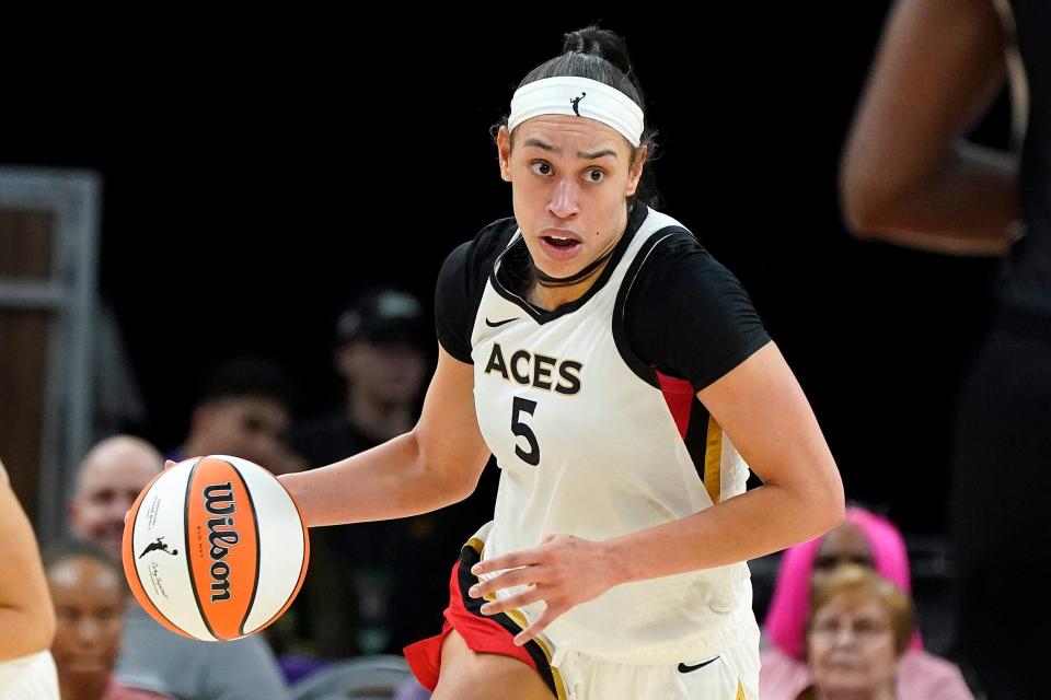 Dearica Hamby dribbles up the court during a May 6, 2022 game with the Las Vegas Aces. The two-time WNBA All-Star was traded to the Los Angeles Sparks on Jan. 21, 2023.