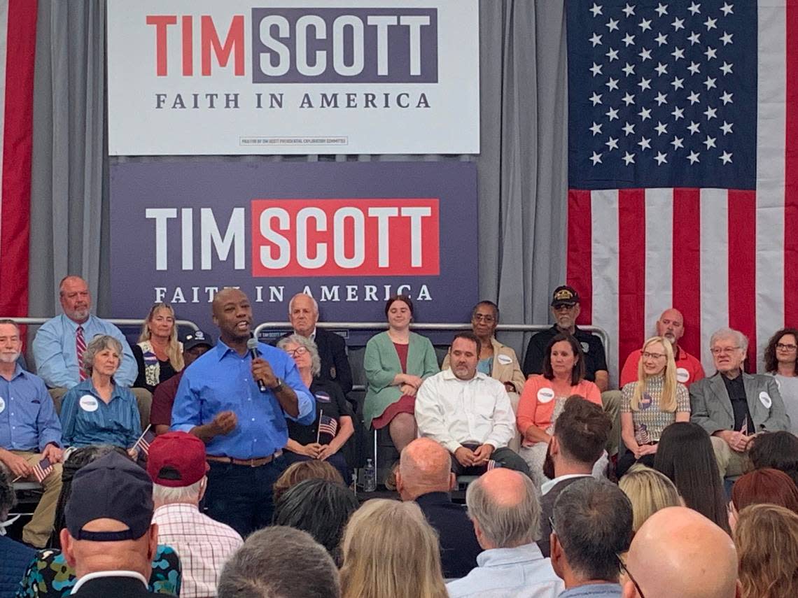 U.S. Sen. Tim Scott told a crowd of about 150 people on Sunday, April 30, 2023 he plans to announce his next step on whether he’ll run for president on May 22 in North Charleston.