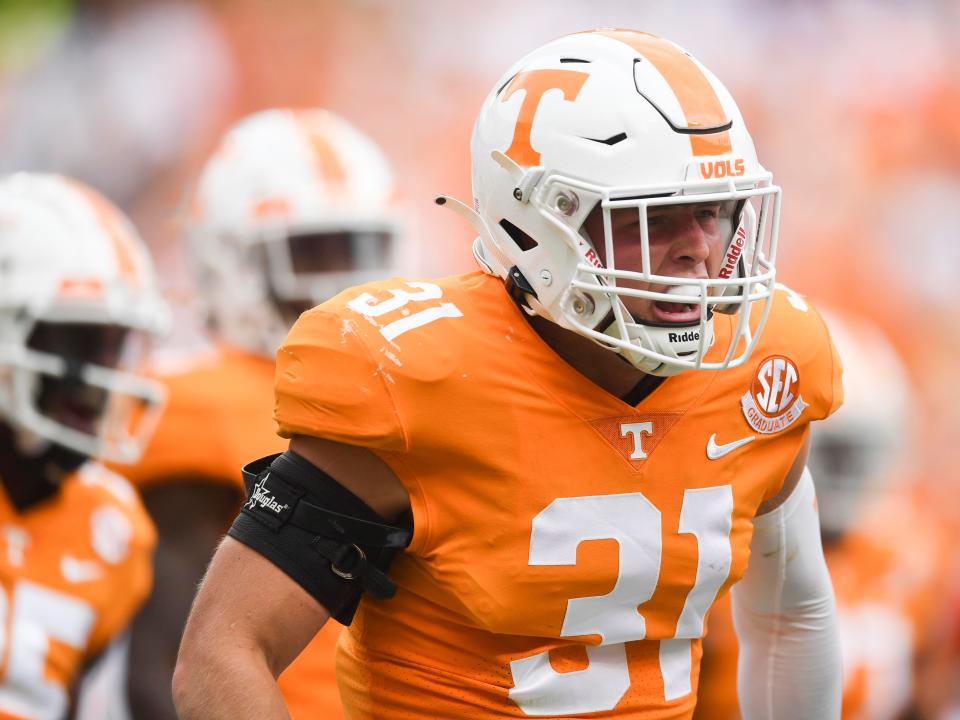 Jefferson graduate Nick Humphrey (31) celebrates after making a defensive stop for Tennessee against Florida.