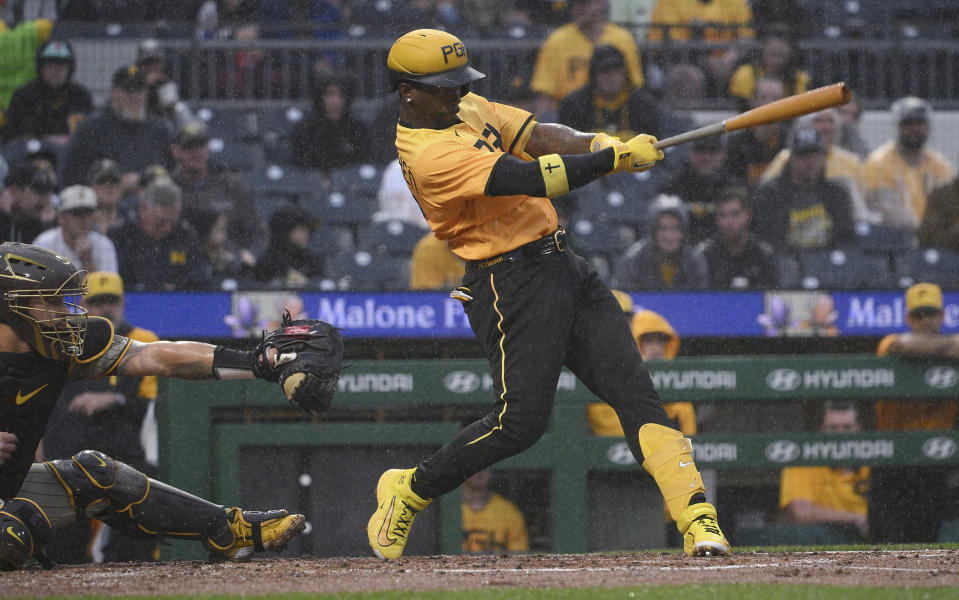 Pittsburgh Pirates' Andrew McCutchen hits an RBI single against the San Diego Padres during the second inning of a baseball game Tuesday, June 27, 2023, in Pittsburgh. (AP Photo/Justin Berl)