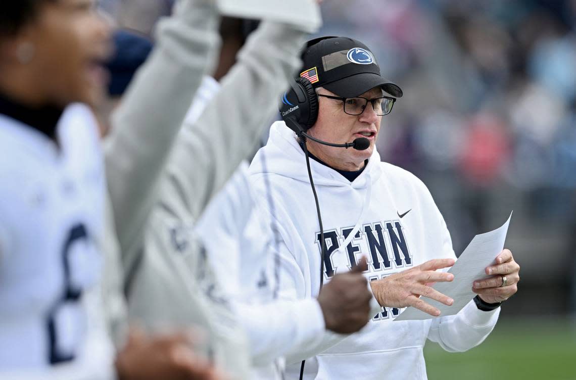 Penn State defensive coordinator Tom Allen calls a play during the Blue-White game on Saturday, April 13, 2024.