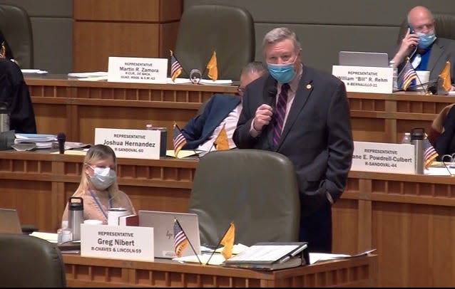 New Mexico state Rep. Greg Nibert, R-Roswell, debates an omnibus elections bill at the House of Representatives in Santa Fe on Thursday, Feb. 17, 2022.