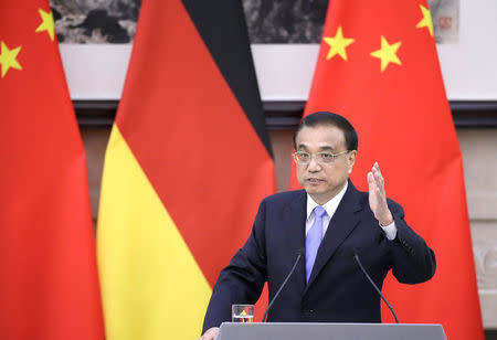 China's Premier Li Keqiang speaks at a joint news conference with German Chancellor Angela Merkel (not pictured) at the Great Hall of the People in Beijing, China, May 24, 2018. REUTERS/Jason Lee/Pool