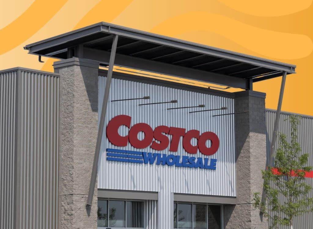 costco exterior set against a designed orange background