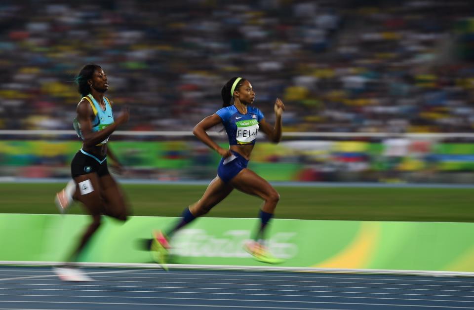 <p>Allyson Felix of USA wins the Women’s 400m semi-final ahead of Shaunae Miller of Bahamas in the Olympic Stadium during the 2016 Rio Summer Olympic Games in Rio de Janeiro, Brazil. (Getty) </p>