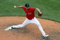 Boston Red Sox's Nathan Eovaldi pitches during the ninth inning of the first game of a baseball doubleheader against the Baltimore Orioles, Saturday, May 28, 2022, in Boston. (AP Photo/Michael Dwyer)