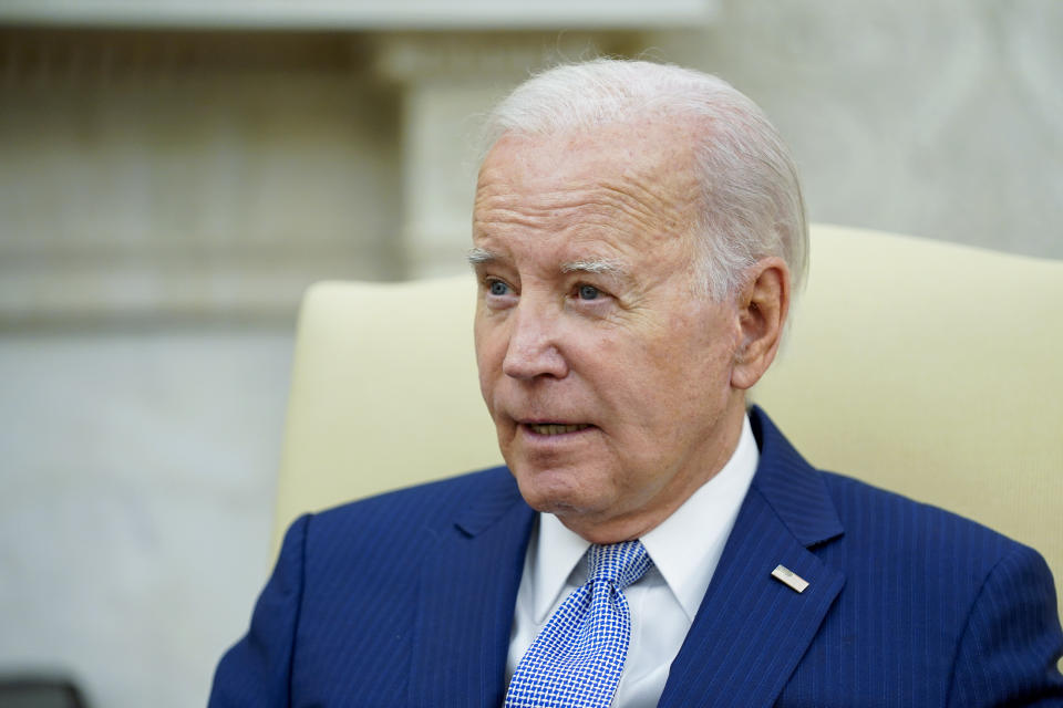 President Joe Biden meets with Italian Prime Minister Giorgia Meloni in the Oval Office of the White House, Thursday, July 27, 2023, in Washington. (AP Photo/Evan Vucci)