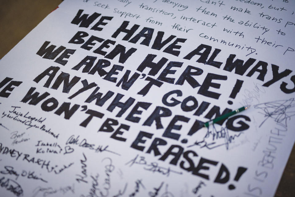 A sign displayed at a rally for transgender rights outside the Arkansas state Capitol on March 18, 2021.<span class="copyright">Sydney Rasch—ACLU of Arkansas</span>