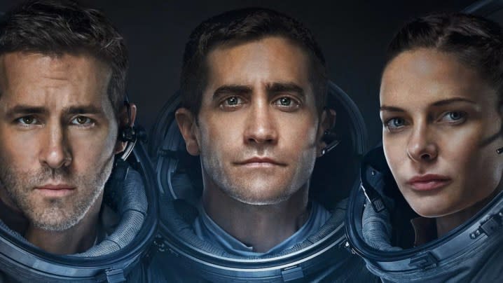 Promo poster featuring Ryan Reynolds, Jake Gyllenhaal, and Rebecca Ferguson as a team of scientists in Life.