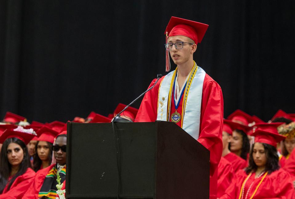 Salutatorian Avery B. Strogoff speaks during the South High Community School graduation at the DCU Center Friday.