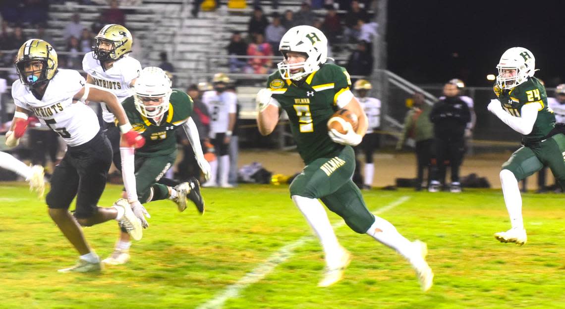 Hilmar High School junior Caden Bailey (9) breaks free for a long run against Pioneer during a playoff game on Thursday, Nov. 9, 2023. Shawn Jansen/Sjansen@mercedsun-star.com