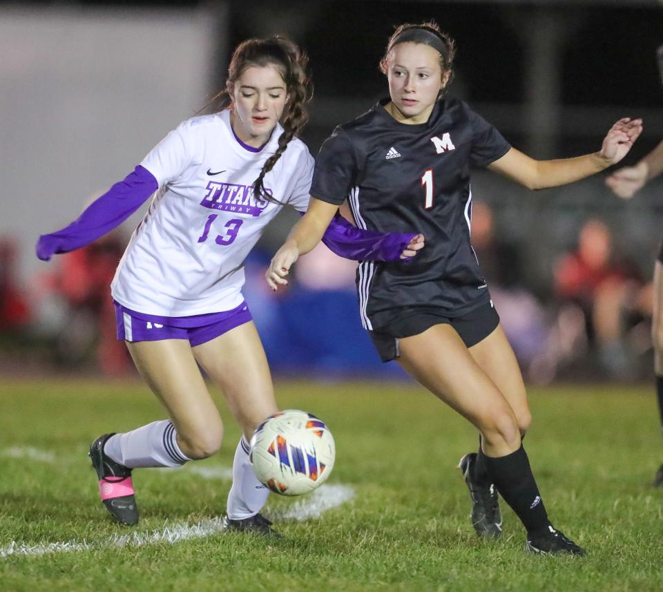 Triway's Briana Ison, left, looks to steal a pass from Manchester's Katie Norris on Monday, Oct. 3, 2022 in Franklin Township.