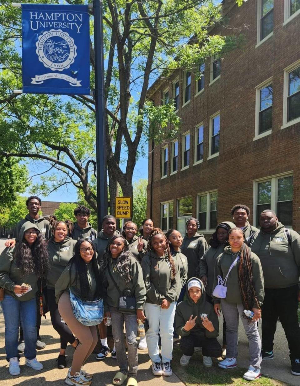 Sacramento-area high school students pose for a photo at Hampton University, a historically Black university, during a recent tour with Voice of the Youth.