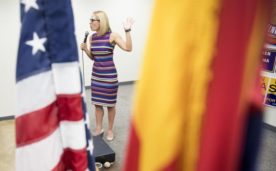 Sinema speaks to supporters at the International Brotherhood of Electrical Workers Local 570 in Tucson, Ariz., on Oct. 21, 2018. (Photo: Bill Clark/CQ Roll Call/Getty Images)