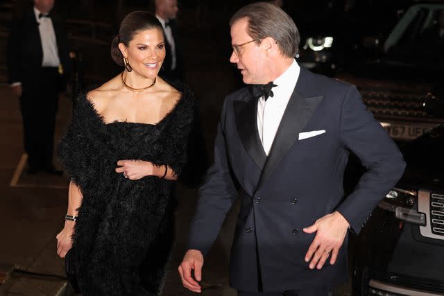 <p>DANIEL LEAL/AFP via Getty </p> Crown Princess Victoria and Prince Daniel of Sweden arrive to attend the Royal Variety Performance on November 30, 2023.