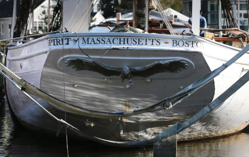 The Spirit of Massachusetts gets moved from the Kennebunk River to dry land on Nov. 28, 2023, where it will continue to be a restaurant.