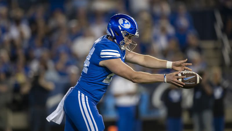 BYU punter Ryan Rehkow punts during game on Saturday, Sept. 10, 2022 in Provo, Utah.