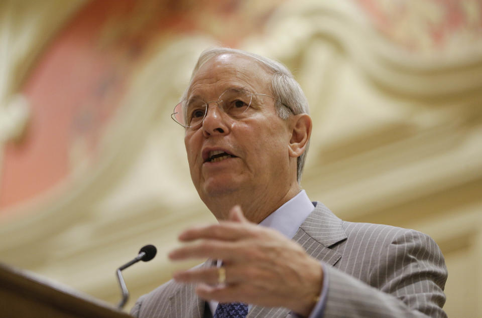 Frank Fahrenkopf, American Gaming Association president and CEO, speaks during a State of the Industry address at the Global Gaming Expo,Tuesday, Oct. 2, 2012, in Las Vegas. Fahrenkopf said overall gambling revenues are up so far this year at U.S. casinos compared with last year. (AP Photo/Julie Jacobson)