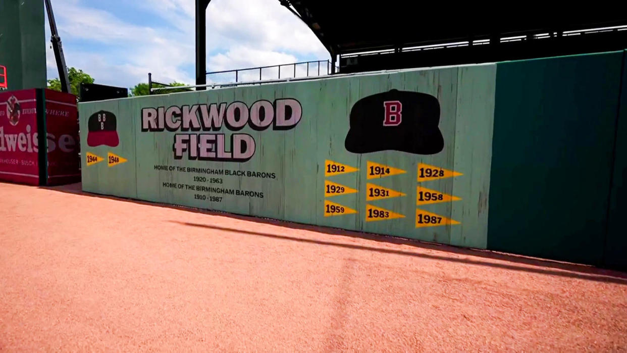 Rickwood Field sign on the side lines.  (TODAY)