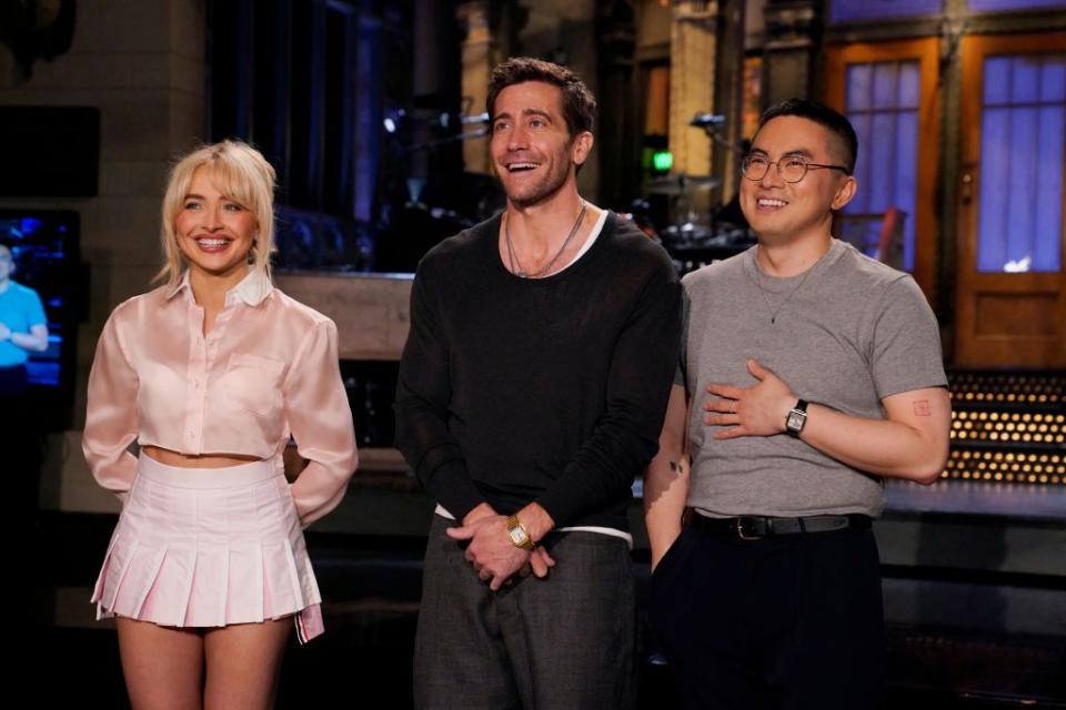 saturday night live episode 1864 pictured l r musical guest sabrina carpenter, host jake gyllenhaal, and bowen yang during promos in studio 8h on thursday, may 16, 2024 photo by rosalind oconnornbc via getty images