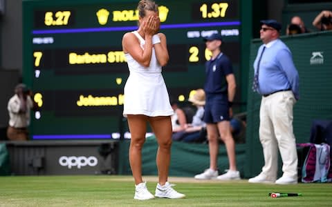 Barbora Strycova feels the emotion as she defeats Johanna Konta to earn a trip to the quarter-finals - Credit: GETTY IMAGES