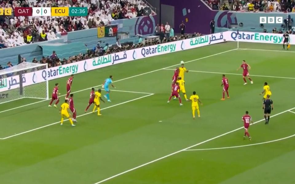Torres appears to get his head to the ball ahead of Al Sheeb, and deflects it upwards, and crucially, slightly forwards - BBC