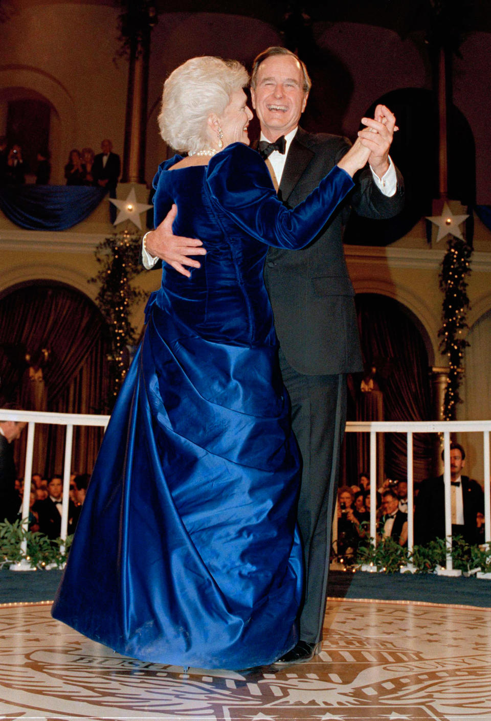 President George H.W. Bush and wife, Barbara dance at the inaugural ball at the Pension Building in Washington, D.C., on Jan. 20, 1989.