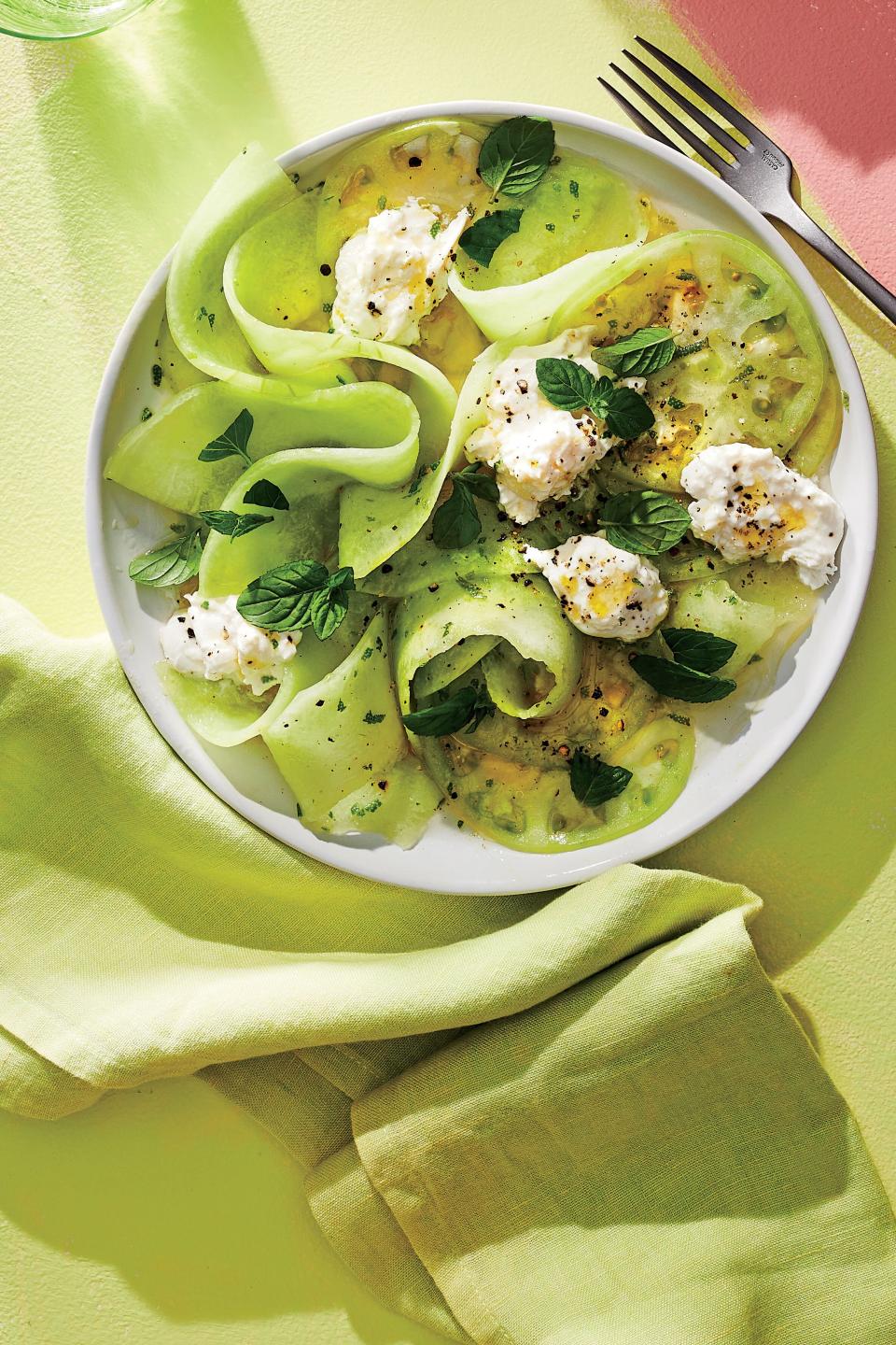 Shaved Honeydew Caprese With Green Tomato and Burrata