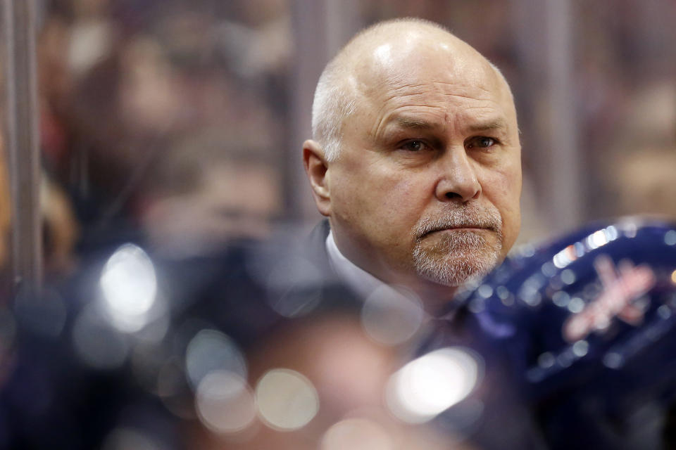 Mar 5, 2015; Washington, DC, USA; Washington Capitals head coach Barry Trotz looks on from behind the bench against the Minnesota Wild in the second period at Verizon Center. The Wild won 2-1. (Geoff Burke-USA TODAY Sports)