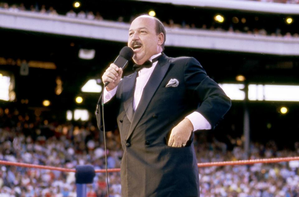 "Mean" Gene Okerlund addresses the crowd before a pro wrestling event in Milwaukee in 1988.  Okerlund, who interviewed pro wrestling superstars "Macho Man" Randy Savage, The Ultimate Warrior and Hulk Hogan, died at the age of 76. Okerlund grew up in Sisseton.