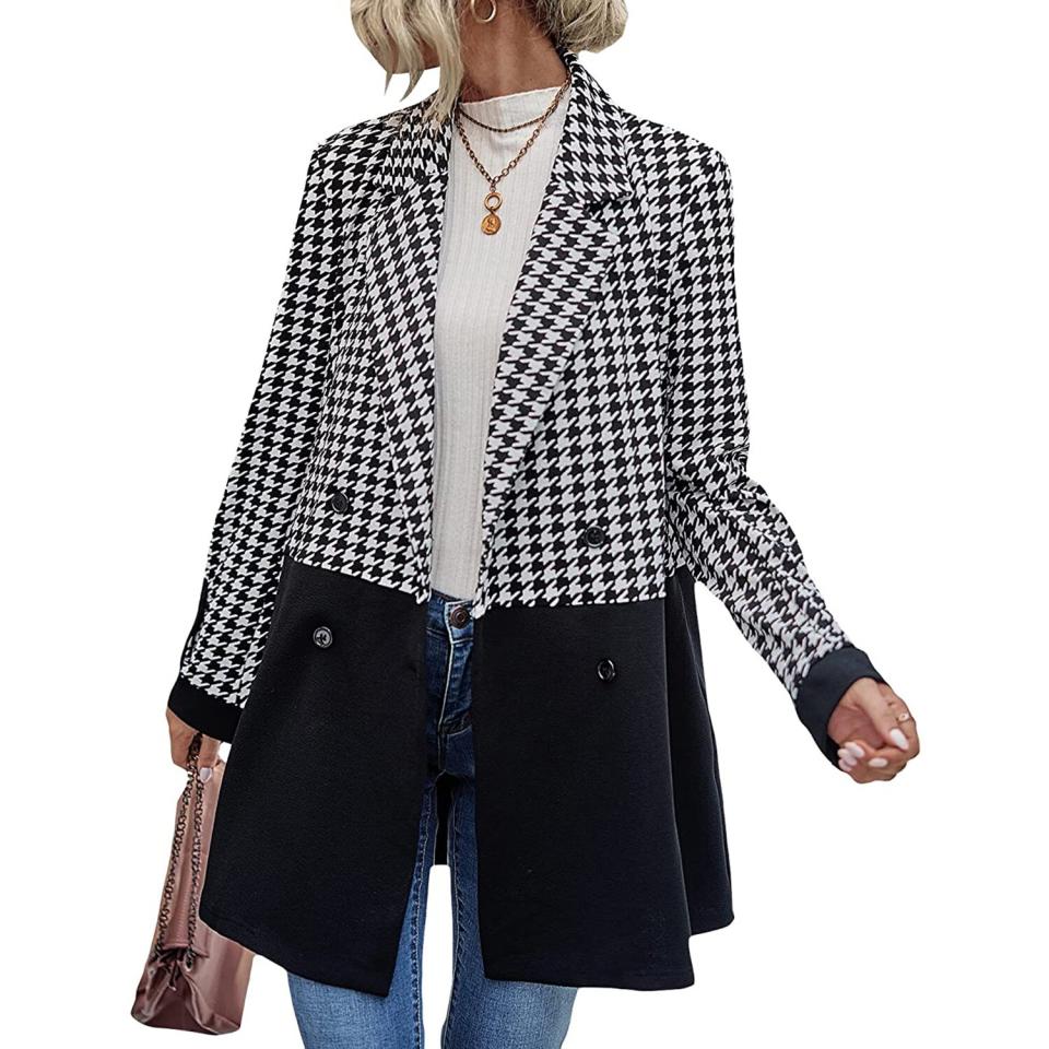 WDIRARA Women's Houndstooth Print Double Breasted Coat