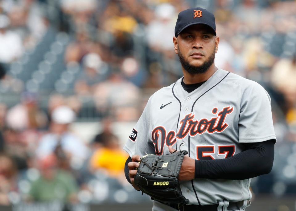 Tigers starting pitcher Eduardo Rodriguez exits the field after pitching six innings against the Pirates.