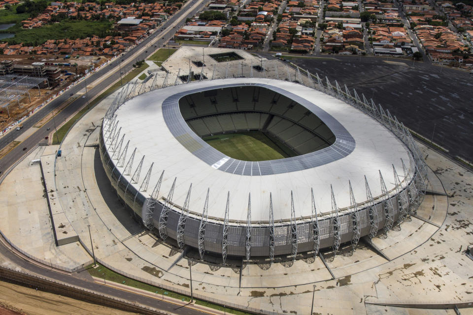 An aerial view of the Castelao stadium in Fortaleza, Brazil. Castelao will host six matches during the 2014 FIFA World Cup soccer tournament. (Fabio Lima/AP Photo/Portal da Copa)