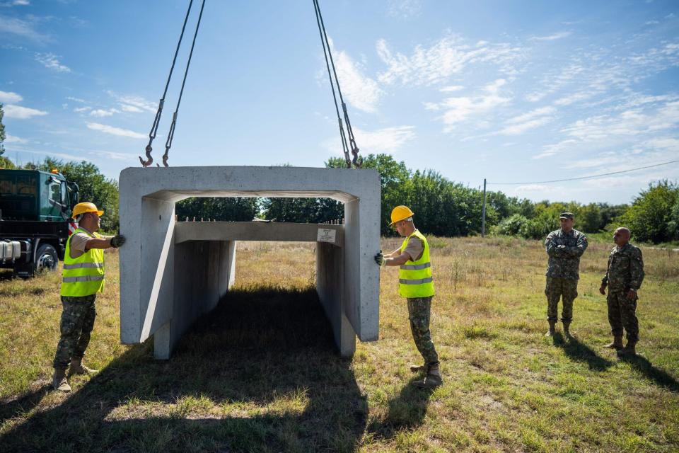 Romanian Army soldiers build a bomb shelter in the village of Plauru, on the Danube Delta. Romania, on September 12, 2023. <em>Photo by MIHAI BARBU/AFP via Getty Images</em>