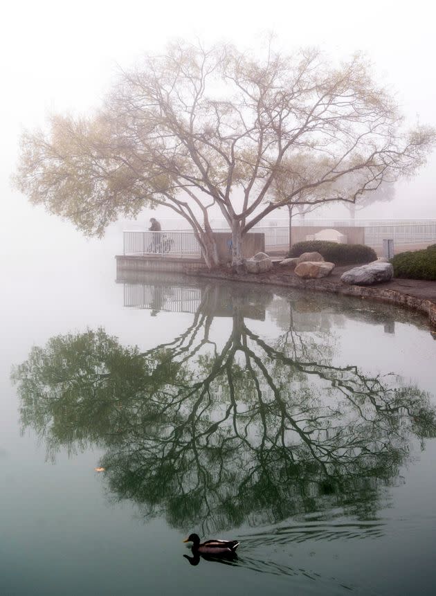 A man fishes during a foggy morning at North Lake in Irvine, California, on Tuesday. (Photo: Paul Bersebach/The Orange County Register via AP)