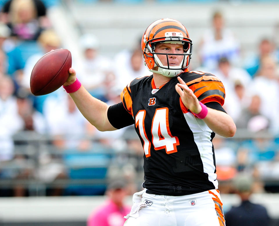 JACKSONVILLE, FL - OCTOBER 09: Quarterback Andy Dalton #14 of the Cincinnati Bengals drops back to pass against the Jacksonville Jaguars during play at EverBank Field on October 9, 2011 in Jacksonville, Florida. Cincinnati won 30-20. (Photo by Grant Halverson/Getty Images)