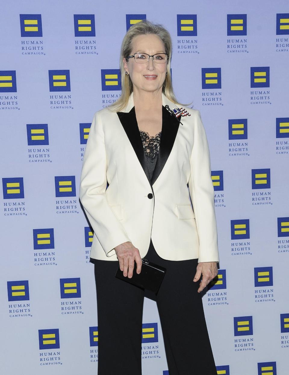 Meryl Streep attends the Human Rights Campaign Greater New York Gala at Waldorf Astoria Hotel on Saturday, Feb. 11, 2017, in New York. (Photo by Christopher Smith/Invision/AP)