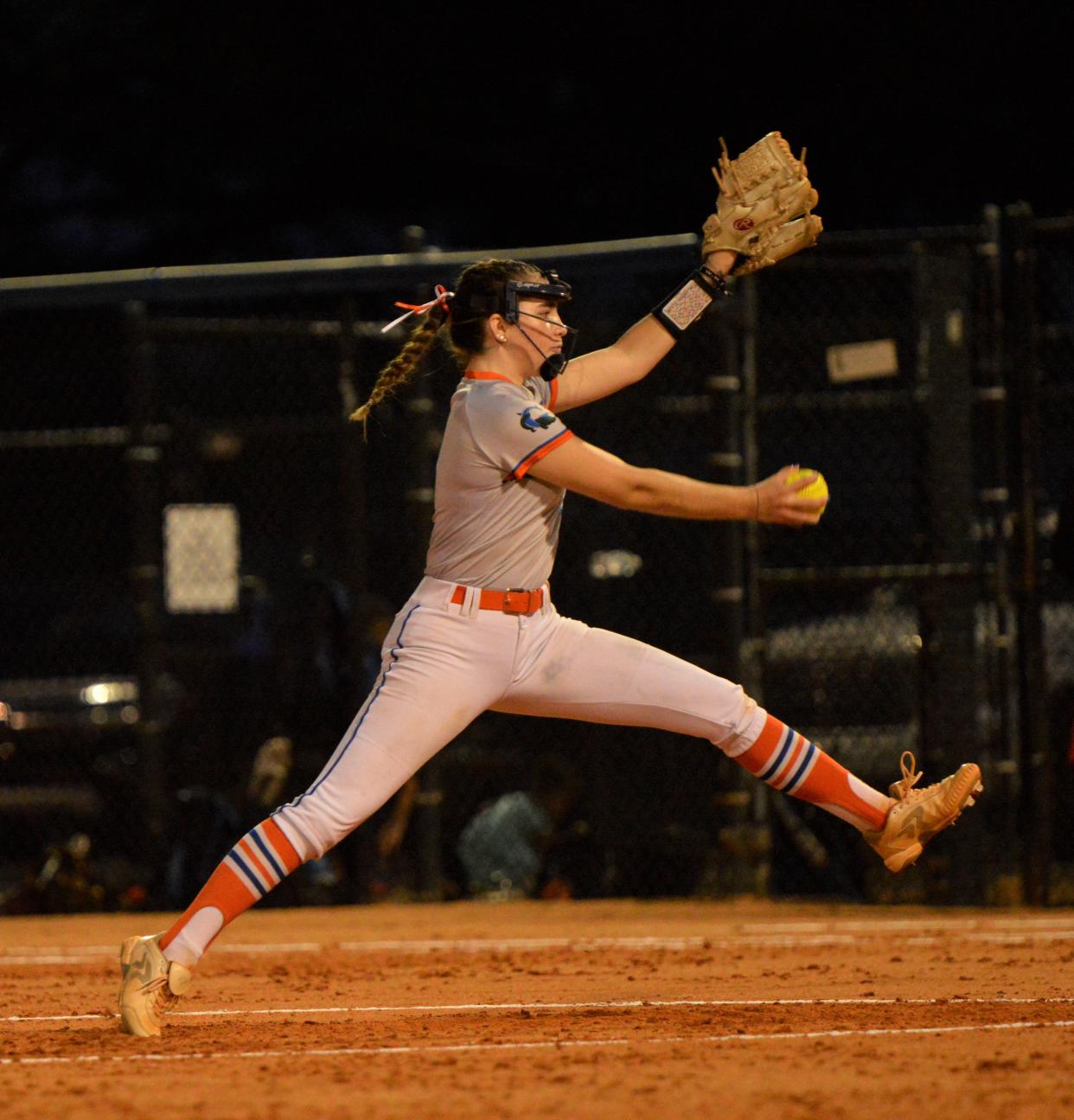 Palm Beach Gardens' Sydney Shaffer hurls a pitch during the second inning of the Gators' regular season game against Seminole Ridge on Mar. 27, 2024.